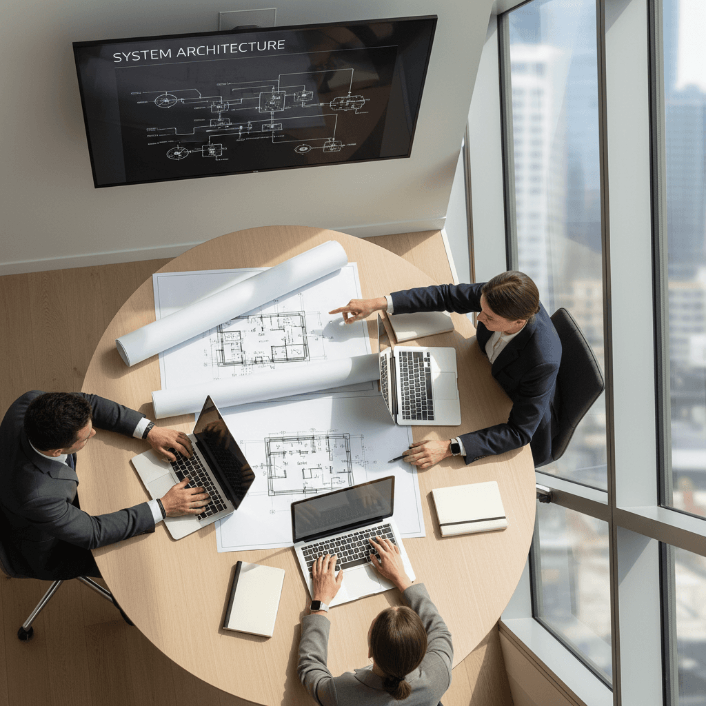 IT strategy consultation with business professionals reviewing technology roadmap