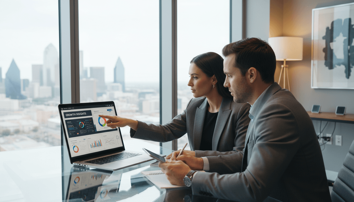 Professional team collaborating on technology strategy at a modern Dallas office