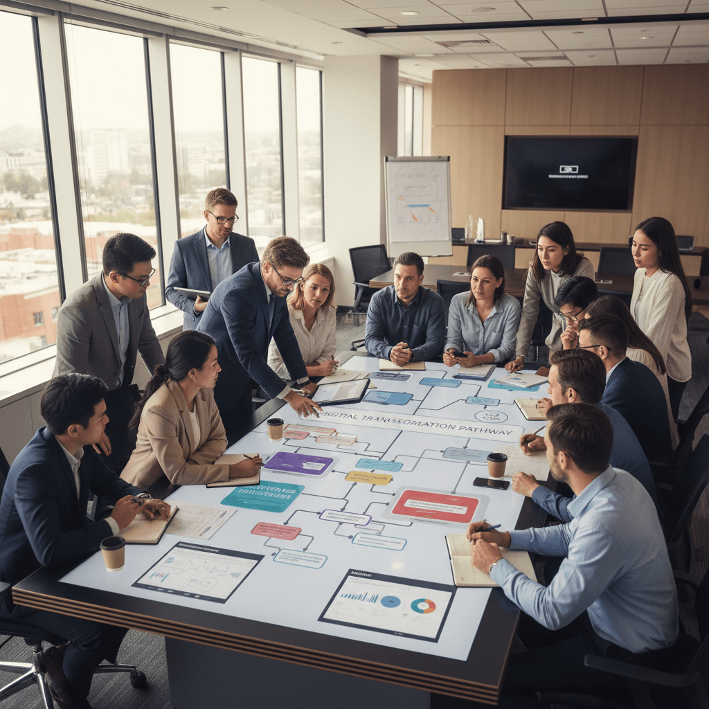 Digital transformation workshop with cross-functional team planning modernization roadmap