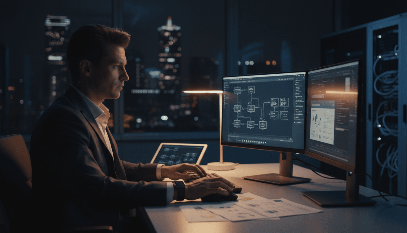 Professional reviewing technology strategy and software architecture at a modern workspace
