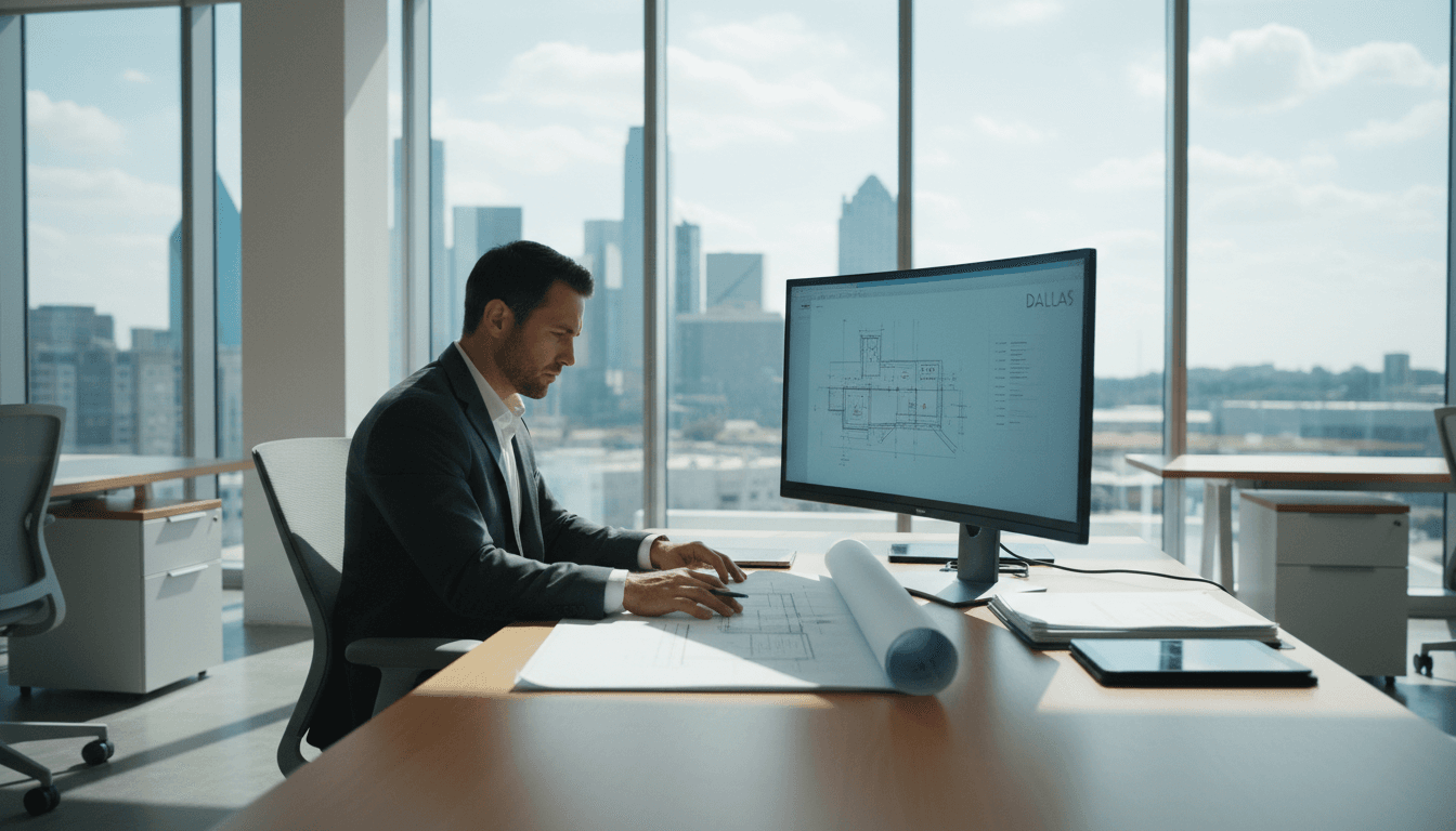 Professional working at desk reviewing technology strategy and system design documents